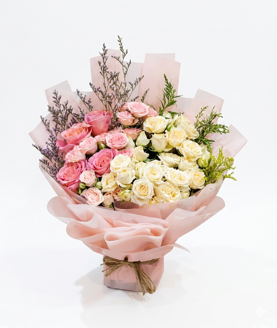 16 بوكيه ورد أبيض ووردي راقي | Elegant Pink & White Bouquet - Image 1